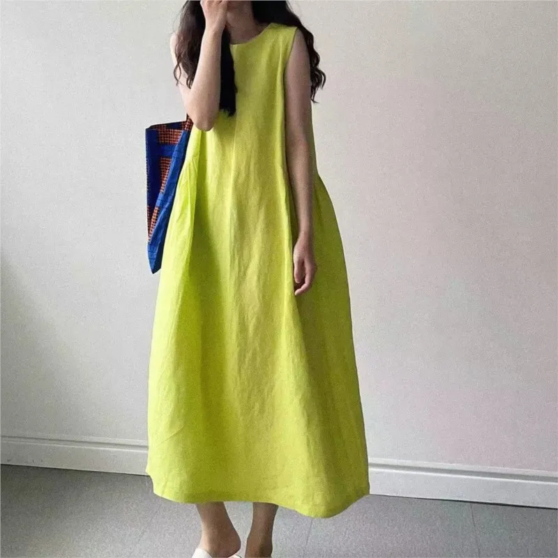 Johnature Sleeveless Dresses 2024 Spring Summer New Korean Casual Solid Color Loose Pockets Simple Women Dresses