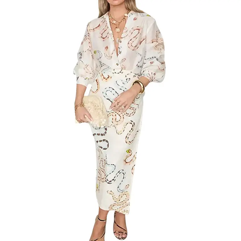 2025 Europe and America NEW Women's Clothing Temperament Elegant Snake Print Shirt Long Sleeved Slit Skirt Loose Suit
