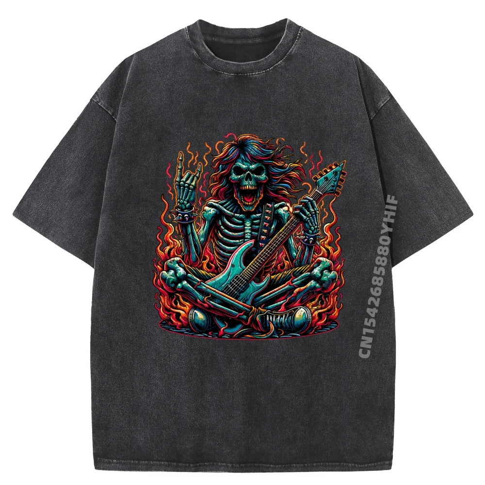 

Printed Tees Skeleton Guitarist Design Tops Tees Mens Graphic T-shirts Men Vintage Washed Clothes Gothic Style