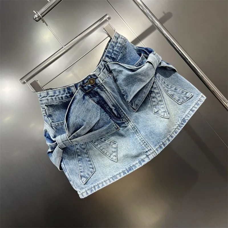 Three-dimensional Bow Denim Short Skirt Women's New 2026  Summer Dress Spice Girl Style Niche Design Sense Hip A-shaped Skirt