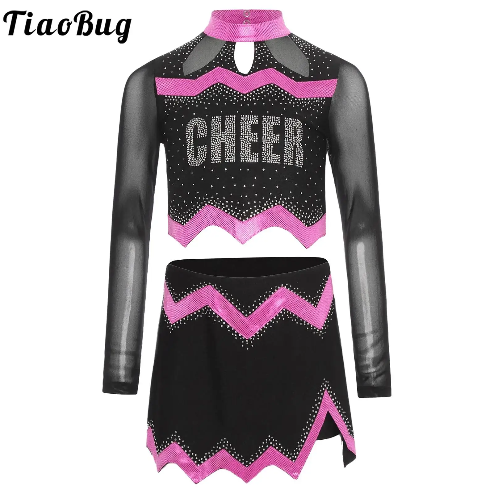 

2Pcs Girls Cheer Leader Performance Costume Modern Dance Cheer Uniform Outfit Long Sleeve Rhinestones Crop Top and Skirt Set