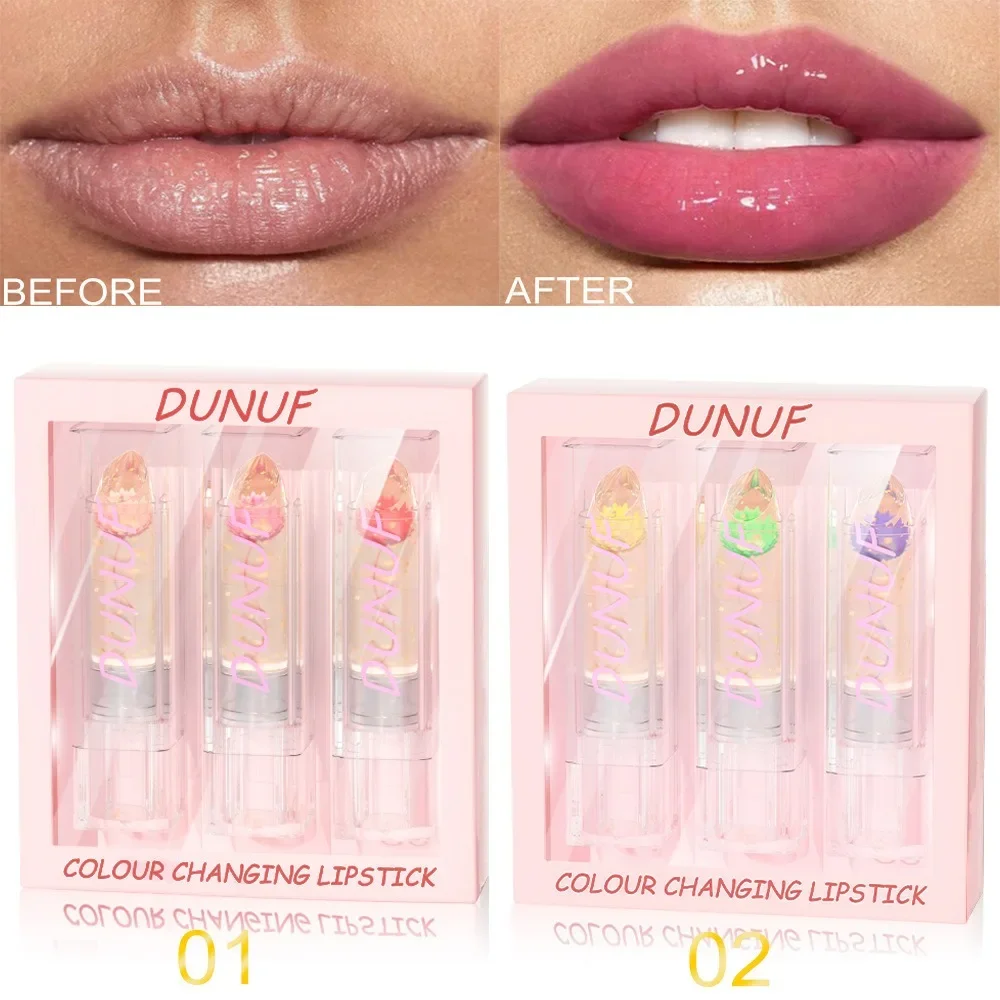3 unids/set de lápiz labial de gelatina de flores, conjunto de regalo, crema hidratante que cambia de temperatura, brillo de labios mágico de larga duración con cambio de Color para mujer