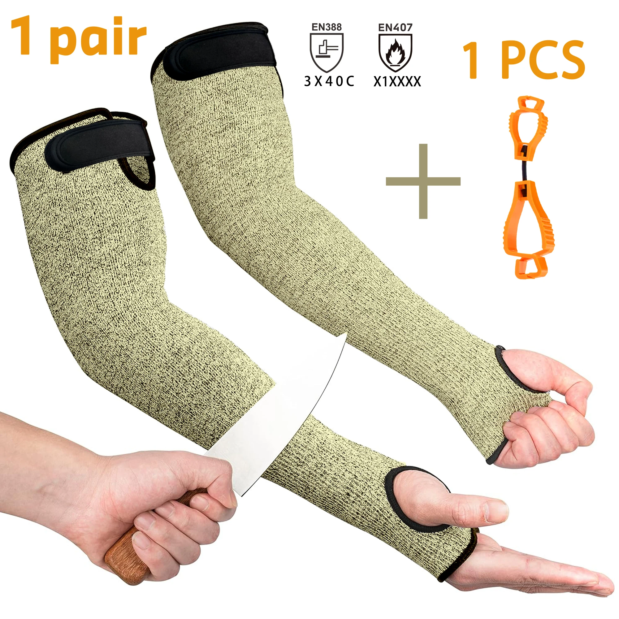 1 pair, anti-cut and flame-proof Kevlar Sleeves with Thumb Hole, glove clip, made with durable aramid fibers for protection