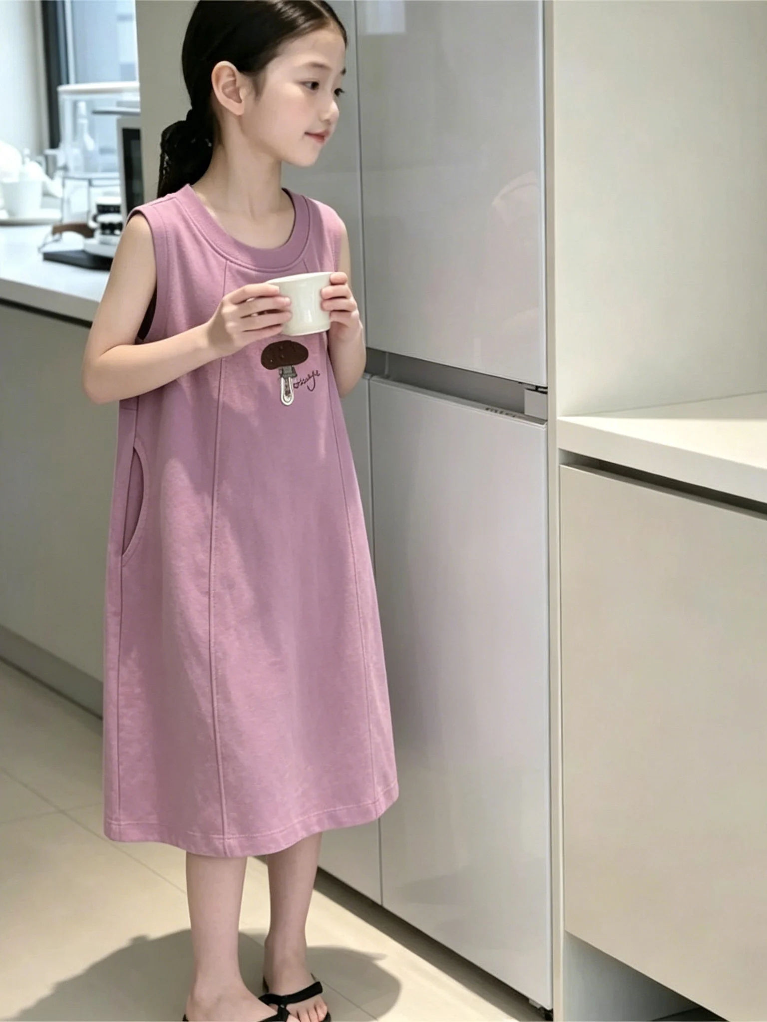 

Girls Cotton Dress Children Summer Fashionable Pure Cotton Vest Skirt Casual Thin Princess Dress mid Waist No Sleeve mid Length