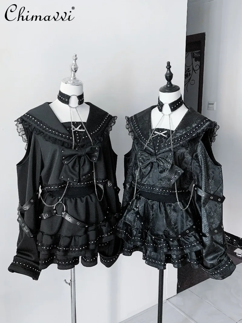

Original Design Subculture Gothic Outfit Japanese New Punk Snake Print PU Leather Navy Collar Top Skirt Two-piece Set Women