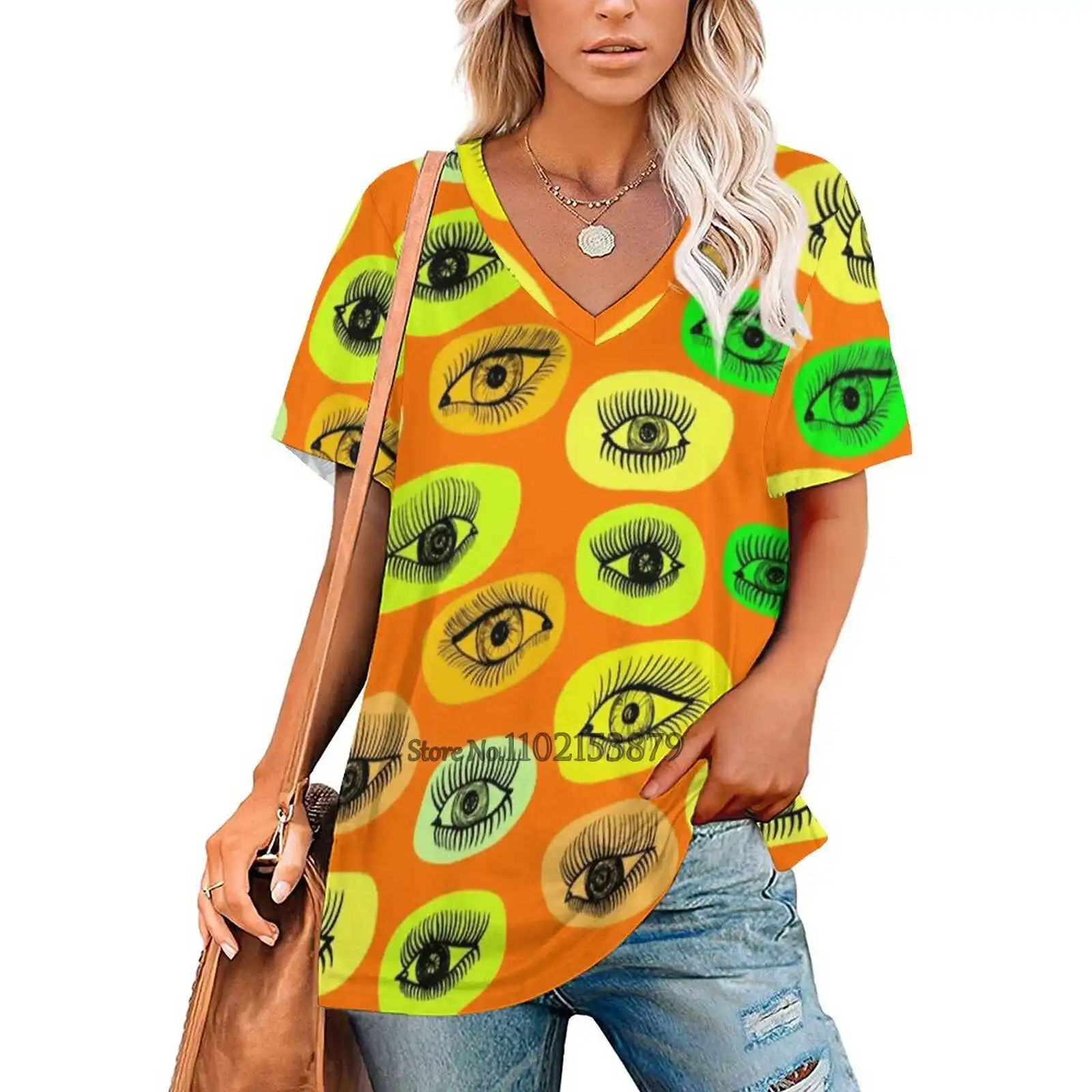 Eyes Motive Woman Tshirts Printed Tops Zipper V-Neck Top Fashion Graphic T Shirt Chaotic Wallpaper Green White Ornament Collage