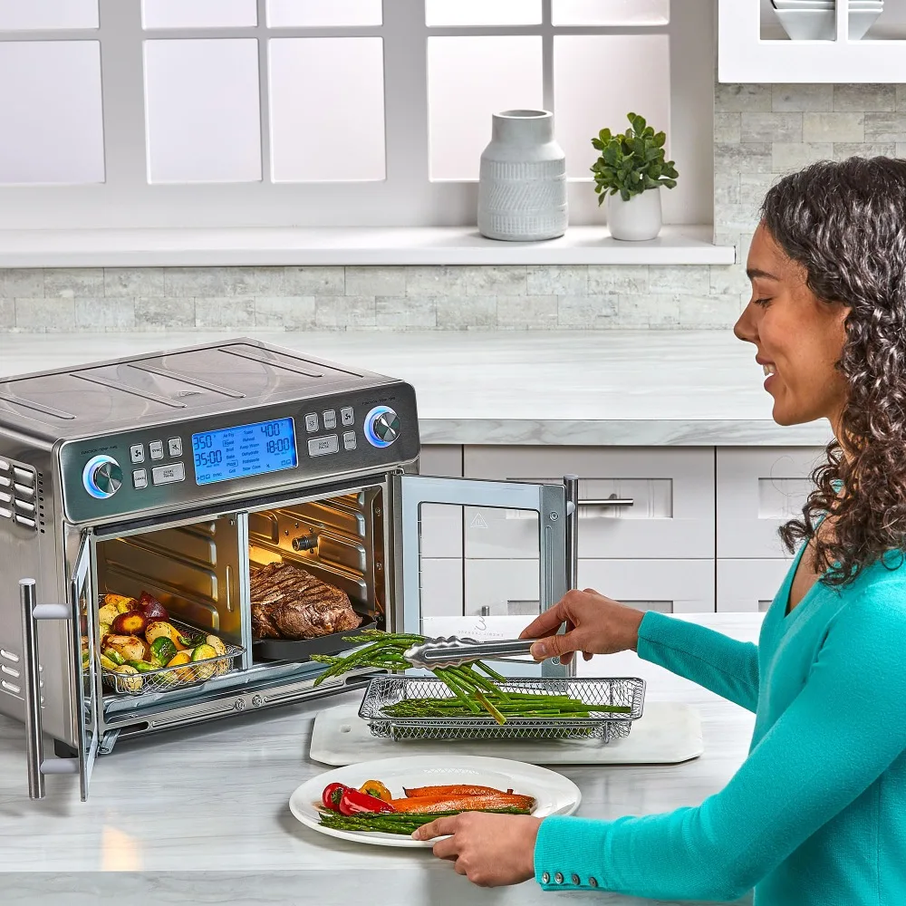 Dual Zone 360 Air Fryer Oven Combo with French Door, 25 QT Size to Cook Two Foods in Two Different Ways at The Same Time