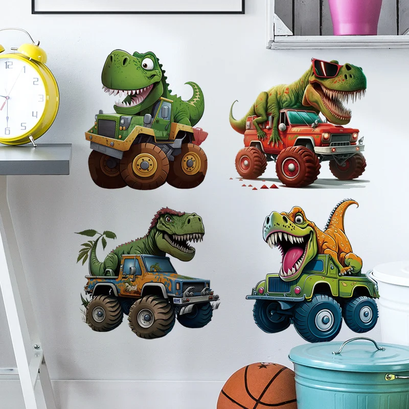 Cartoon Dinosaur Monster Truck Wall Stickers, 4Pcs T-Rex Off-Road Vehicle Kids Bedroom Decor
