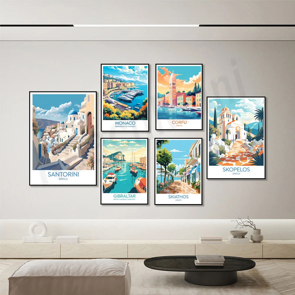 السفر مشهد ملصق طباعة للديكور المنزل ، سكياثوس ، إنغا ، كورفو ، موناكو ، فقاعات #3