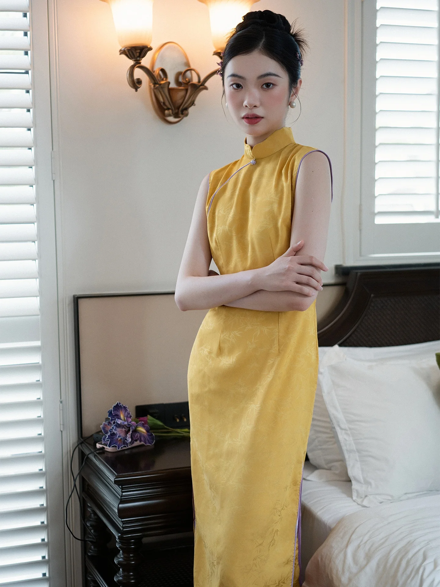 

Golden Svel Qipao Wedding Dr Ele Engagement Ceremony Robe Chinese New Sle Mid-Length Polyester Fiber