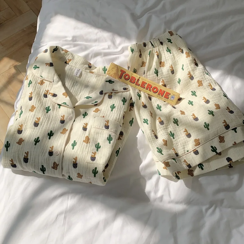 Korean Cactus Print Summer Pajamas Set Women Cotton Single Breasted Shirts + Shorts Casual Ins Sleepwear Pocket Home Suit