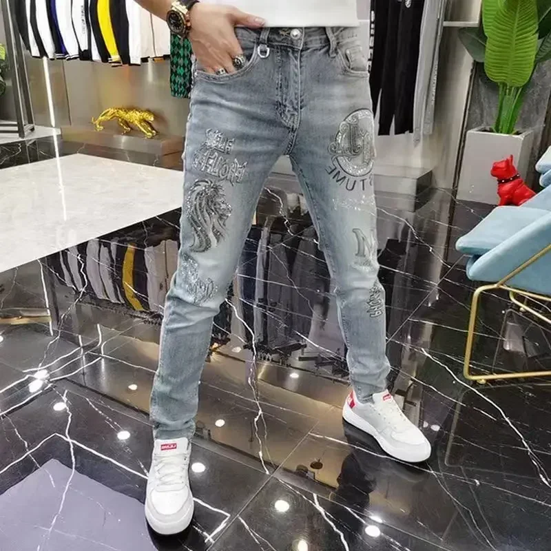 Męskie spodnie kowbojskie Spodnie graficzne Slim Fit Męskie jeansy z nadrukiem Obcisłe rurki Skinny Elastic Stretch Rhinestones Y2k Streetwear