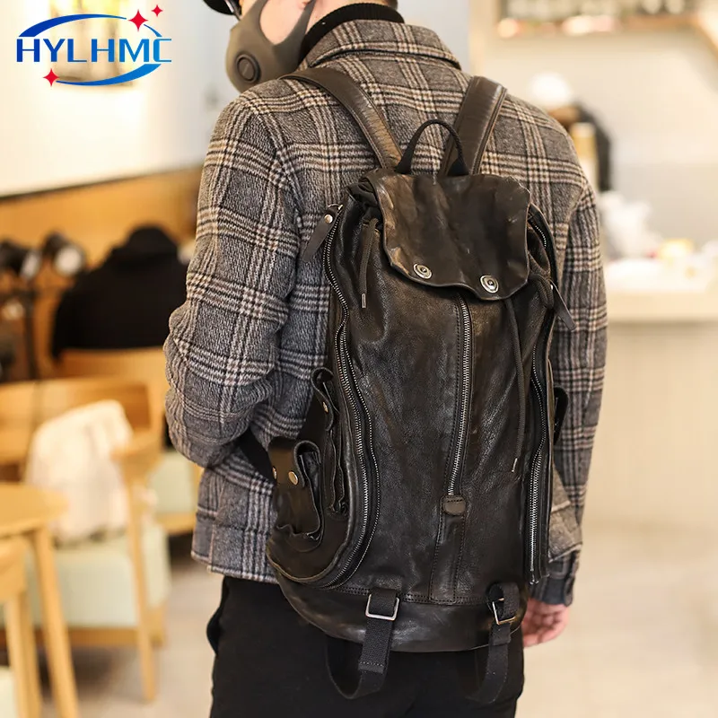 

Men's Women Backpack Zipper Retro Old Leather Shoulder School Bag Fashion Dark Wind Soft Youth Black Travel Backpack