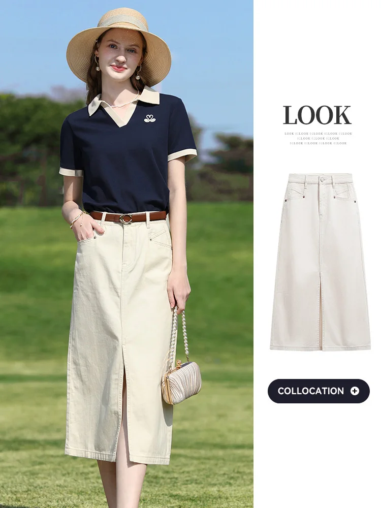 Ik geloof je blauw contrasterend polokraag ademend T-shirt top zomer 2025, V-hals witte zwaan borduurwerk casual T-shirt 2252015970