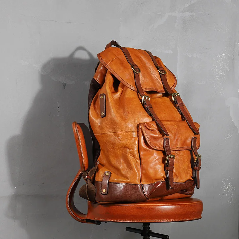 Vegetable Tanned Cowhide Leather Men\'s Backpack Male Retro Large Capacity Bag Men Bucket Travel Backpacks New Original 2024