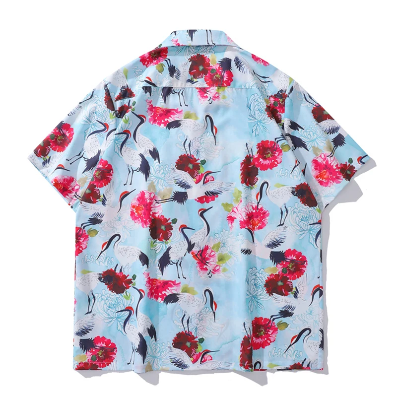 Flower Full Print Holiday Beach Shirts Men Women Summer Front Pocket Hawaiian Shirts Man