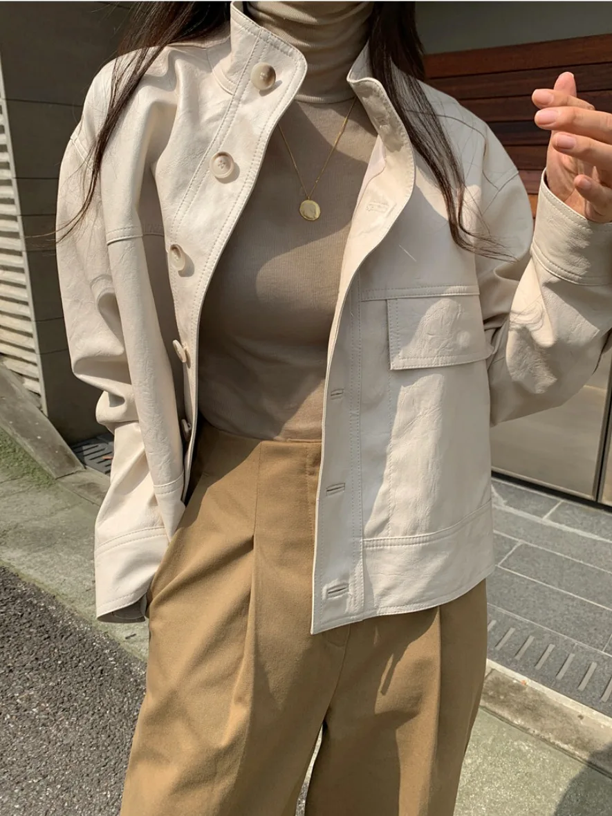 Chic Simple Autumn Long Sve Stand Collar Single Button Loose Casual Biker Jaet Outerwear Versatile Open Cardigan Leather...