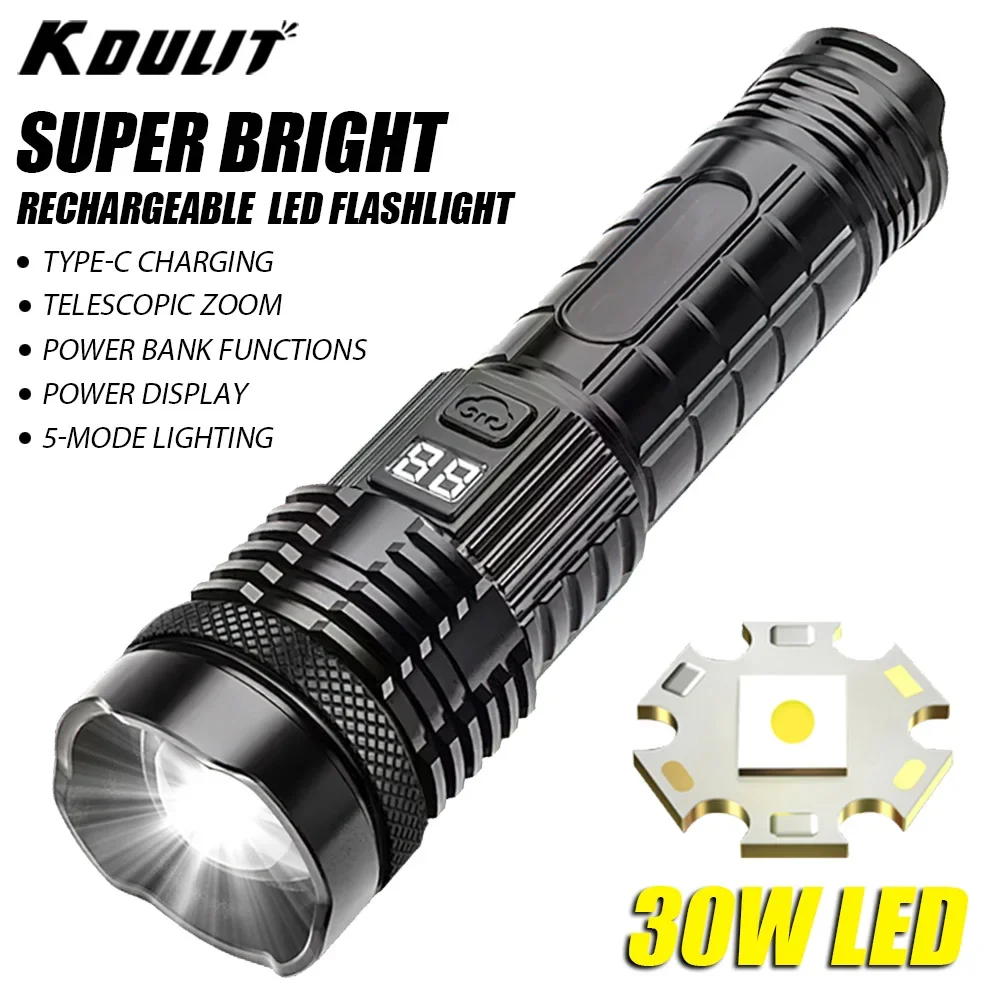 

30W High Power LED Flashlight Type-c Rechargeable Zoom Tactical Torch Wtih Built-in Battery Emergency Fishing Camping Lantern