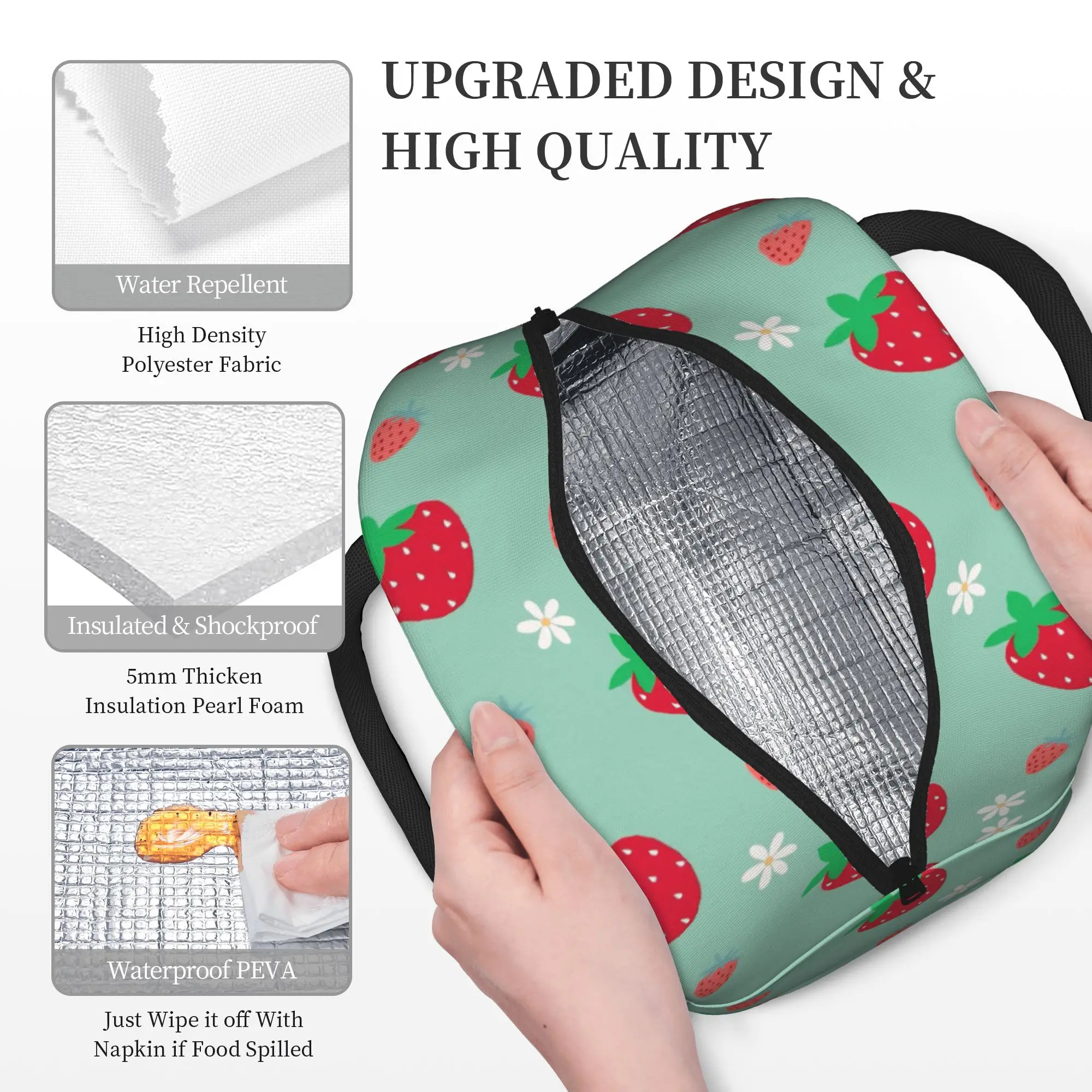 Pink Strawberry Cute Floral Handheld Thermal Cooler Bag Cartoon Reusable Insulated Lunch Bags Causal Storage Box For Picnic view 3