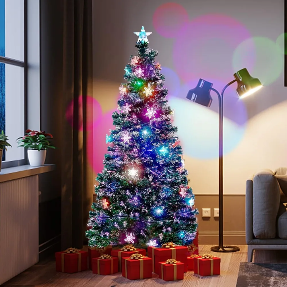 6 ft Pre-Lit Optical Fiber Christmas Artificial Tree, RGB Color Changing LED Lights, Snowflakes & Top Star