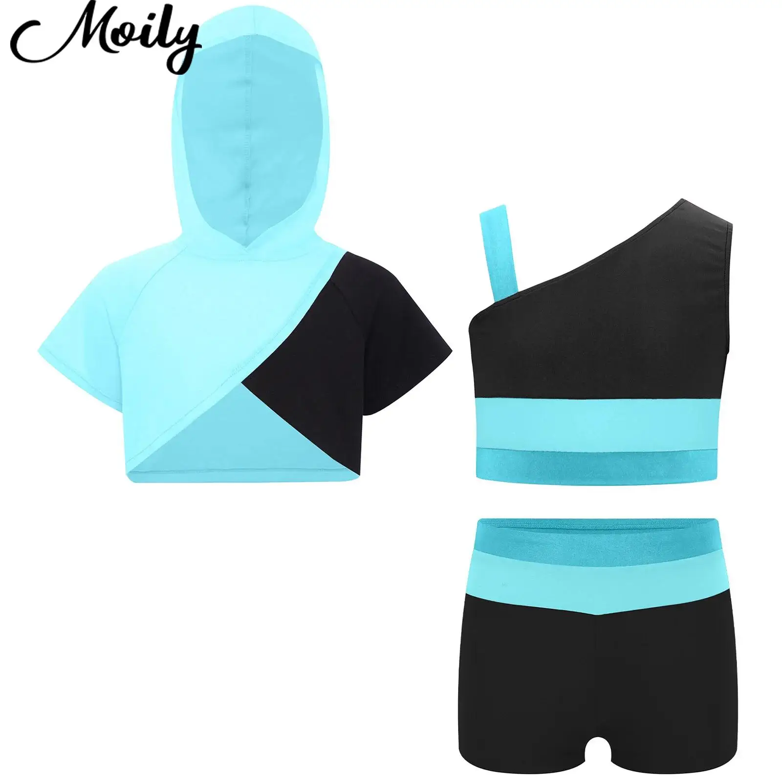 

Kids Girls Ballet Dance Outfit Figure Skating Gymnastics Costume Color Block Short Sleeves Cropped Hoodie with Vest And Shorts