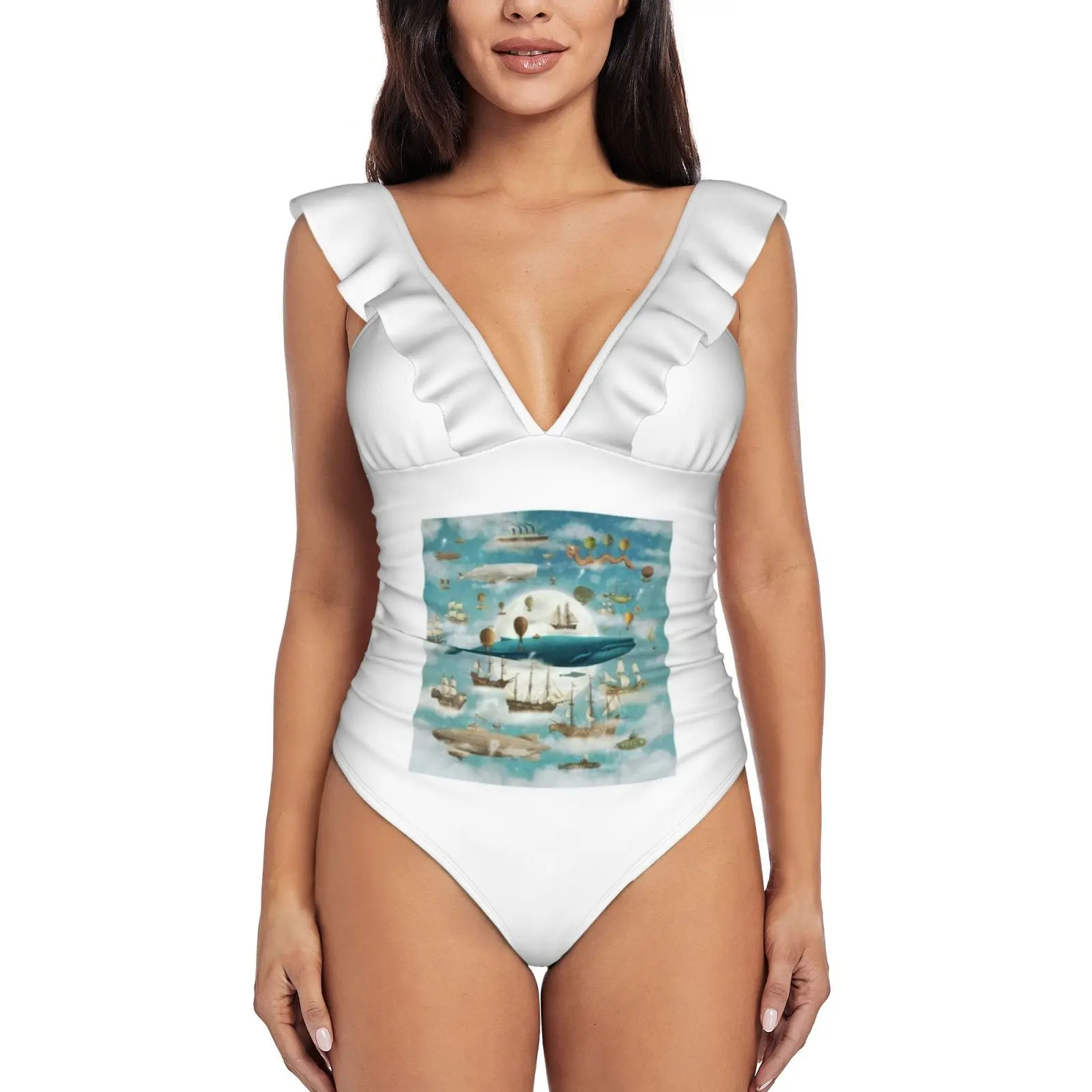 

Ocean Meets Sky-Book Sexy One Piece Swimsuit Women Swimwear Monokini Ruffle Bathing Suit Beach Wear Whale Bluewhale Blue Whale