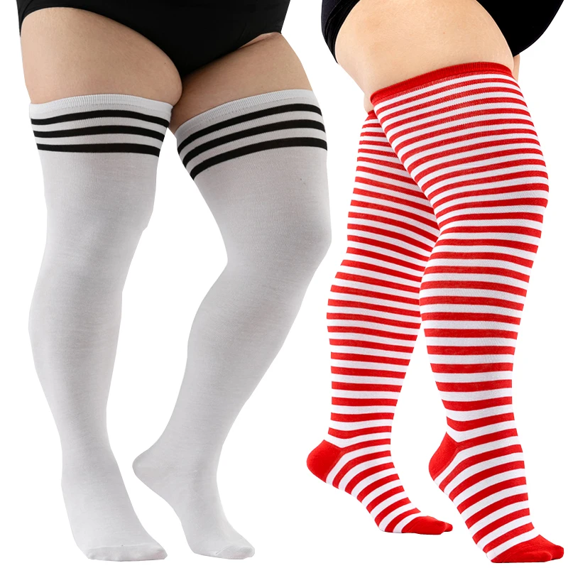 1Pair Plus Size Thigh High Socks for Women with Thick Thighs – Extra Long Over the Knee Striped Socks, Boot Socks for Wide Calf