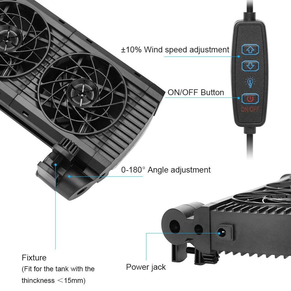 Aquarium Cooling Fan 8 Variable Speed Adjustable Wide Angle Chiller Fish Tank Fit For 15mm tank thinckness