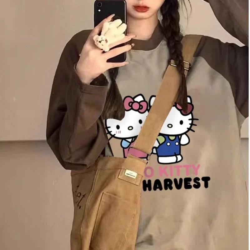 Hello Kitty Color Blocked Long Sleeved T-shirt Women's Trendy Loose Casual Round Neck Tees Japanese Style Cute Sweet Printed Top