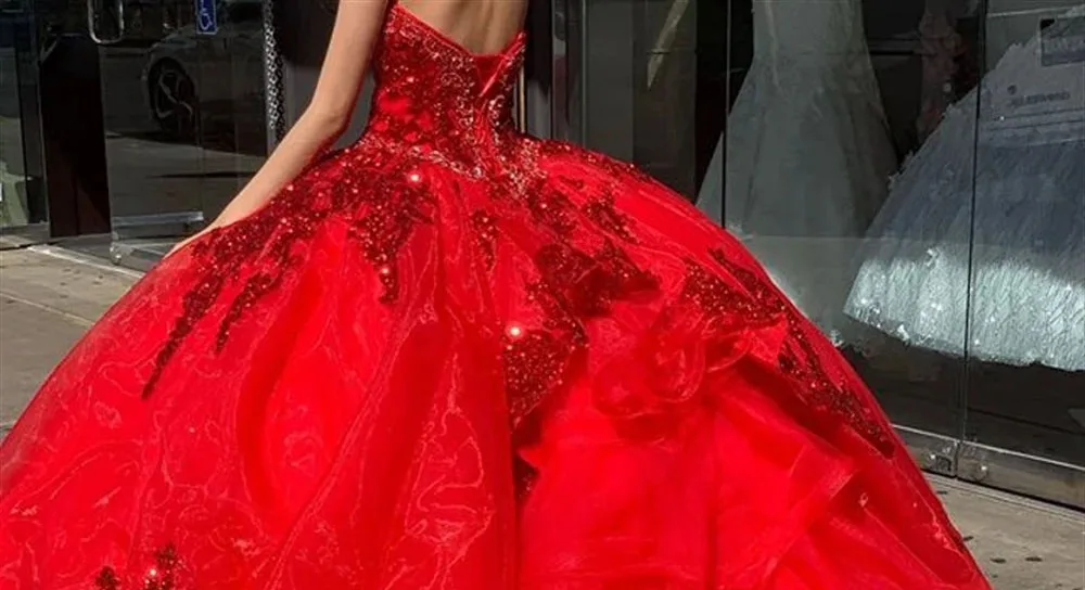 Red Quinceanera Dresses Ball Gown Sweetheart Tulle Appliques Sparkly Sweet 16 Dresses 15 Años Mexican