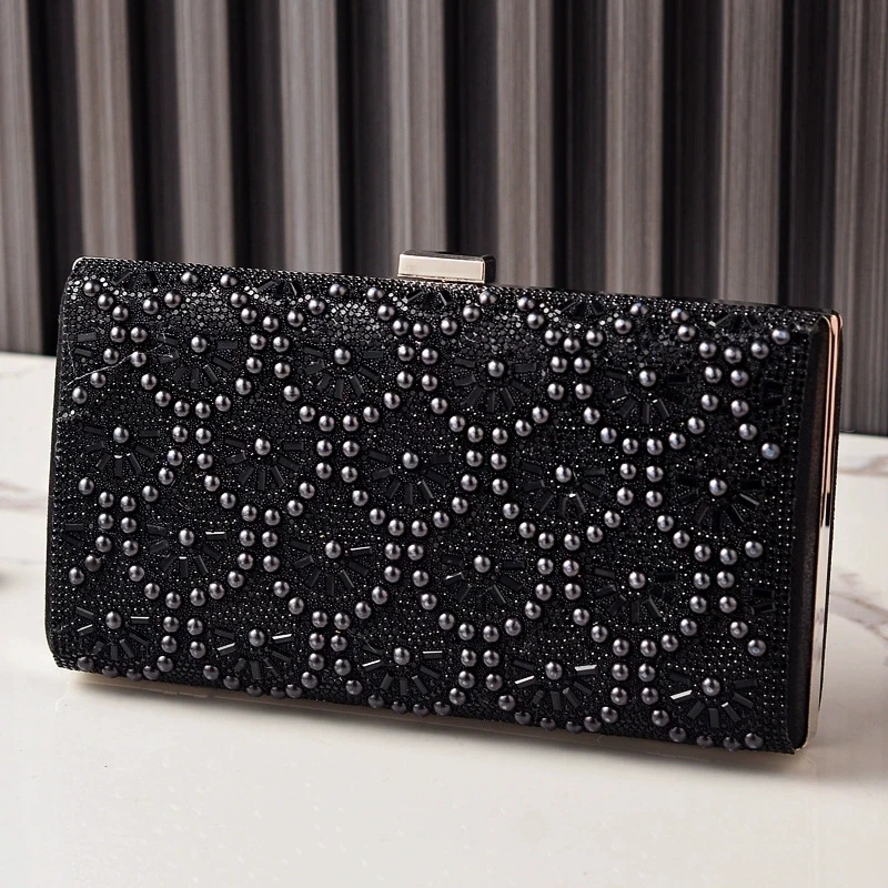 Diamond Pearl Beading Clutch Silver Elegant Evening Bags for Woman Party Bling Wedding Purses Fashion Flower Pattern Hand Bag