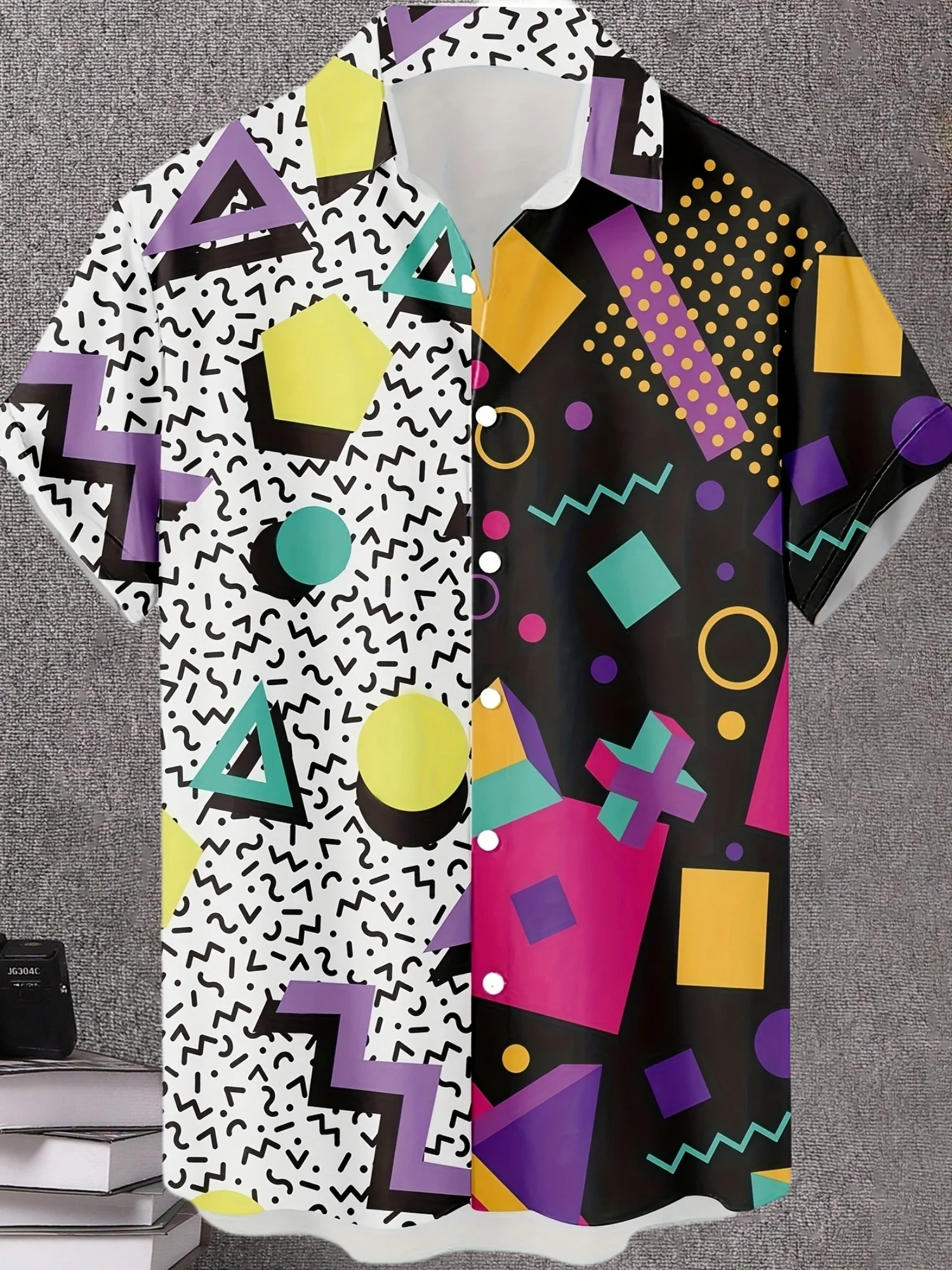 Men 80s Retro Memphis Geometric Print Short Sleeve Shirt, Colorful Split Black White Abstract Shape Button Down Summer Top