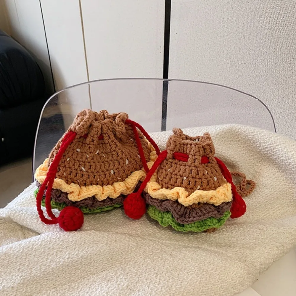 Knitted Hamburger Shoulder Bag Finished Product Cute Crochet Crossbody Bag Styling Accessories Cartoon Headphone Storage Bag