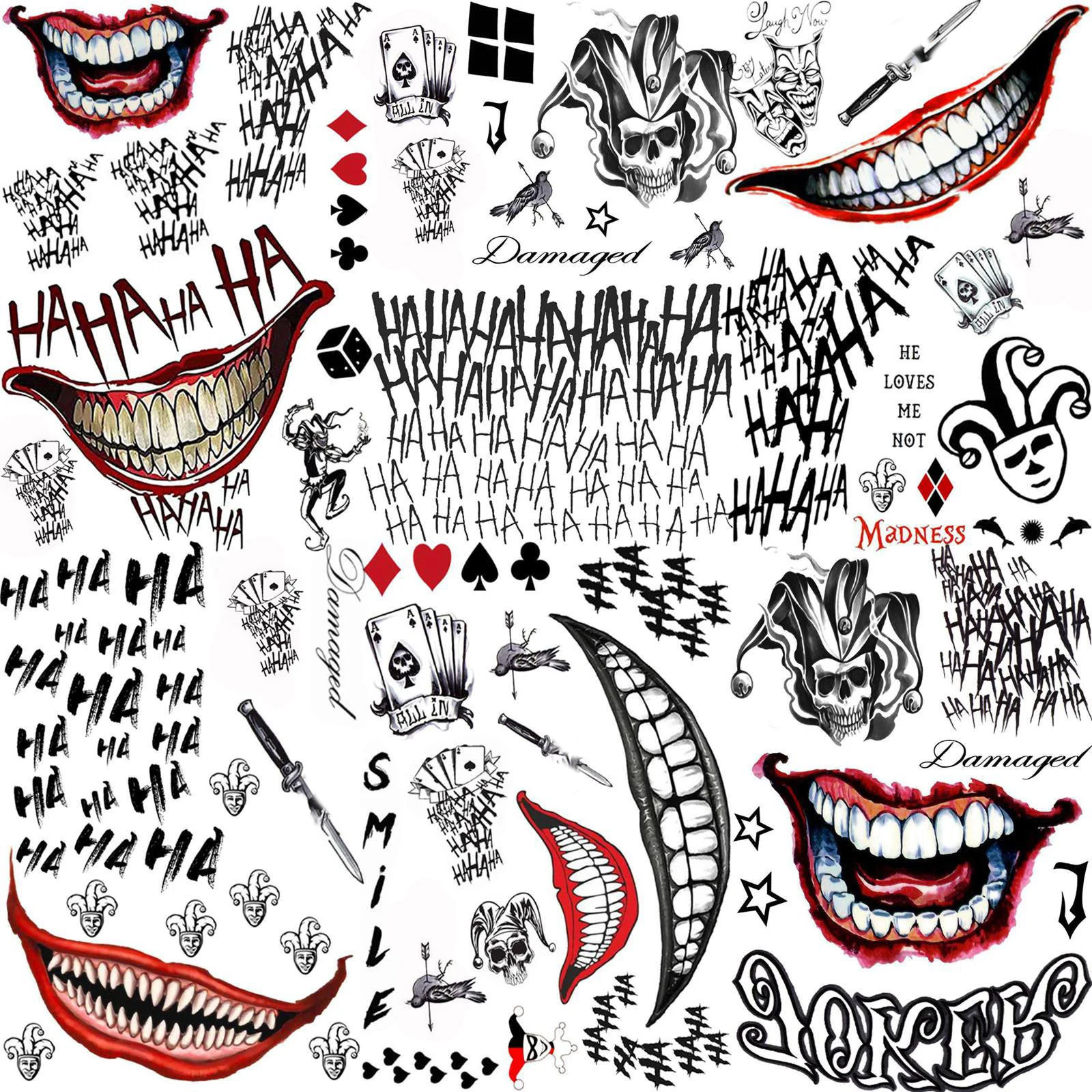 5 Blatt Joker-Tattoos, Harley Crazy Clown Joker, temporäre Tattoos für Männer und Frauen, Halloween-Kostüm