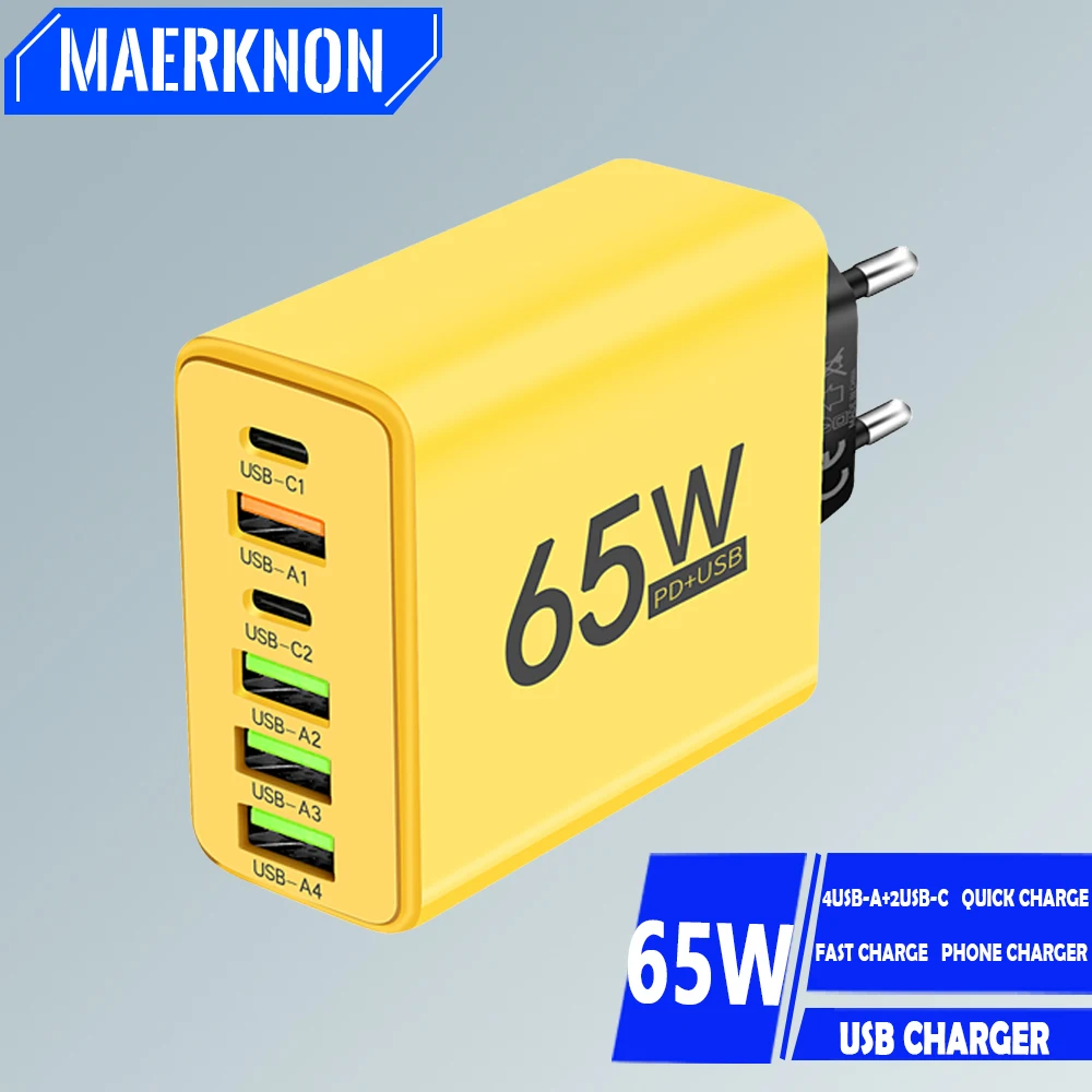 Cargador USB de 65W y 6 puertos, adaptadores de cargador de teléfono USB tipo C de carga rápida para iPhone 15 14 Pro, Samsung, Xiaomi, cargador PD portátil