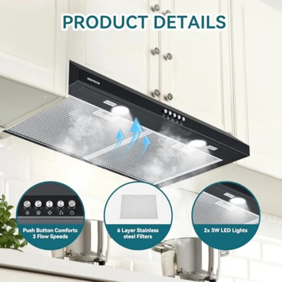 شفاط المطبخ 30 بوصة تحت الخزانة القابلة للتحويل بدون أنابيب مع 550CFM 3 سرعات التحكم باللمس 2 أضواء LED 6 طبقة S #3
