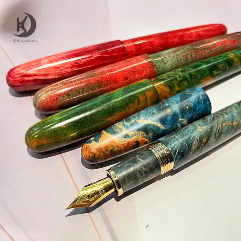 Natural Stabilized Wood Fountain Pen, Fine Nib Carving Handcraft Pen with Converter (Grass Green/Red/ blue)