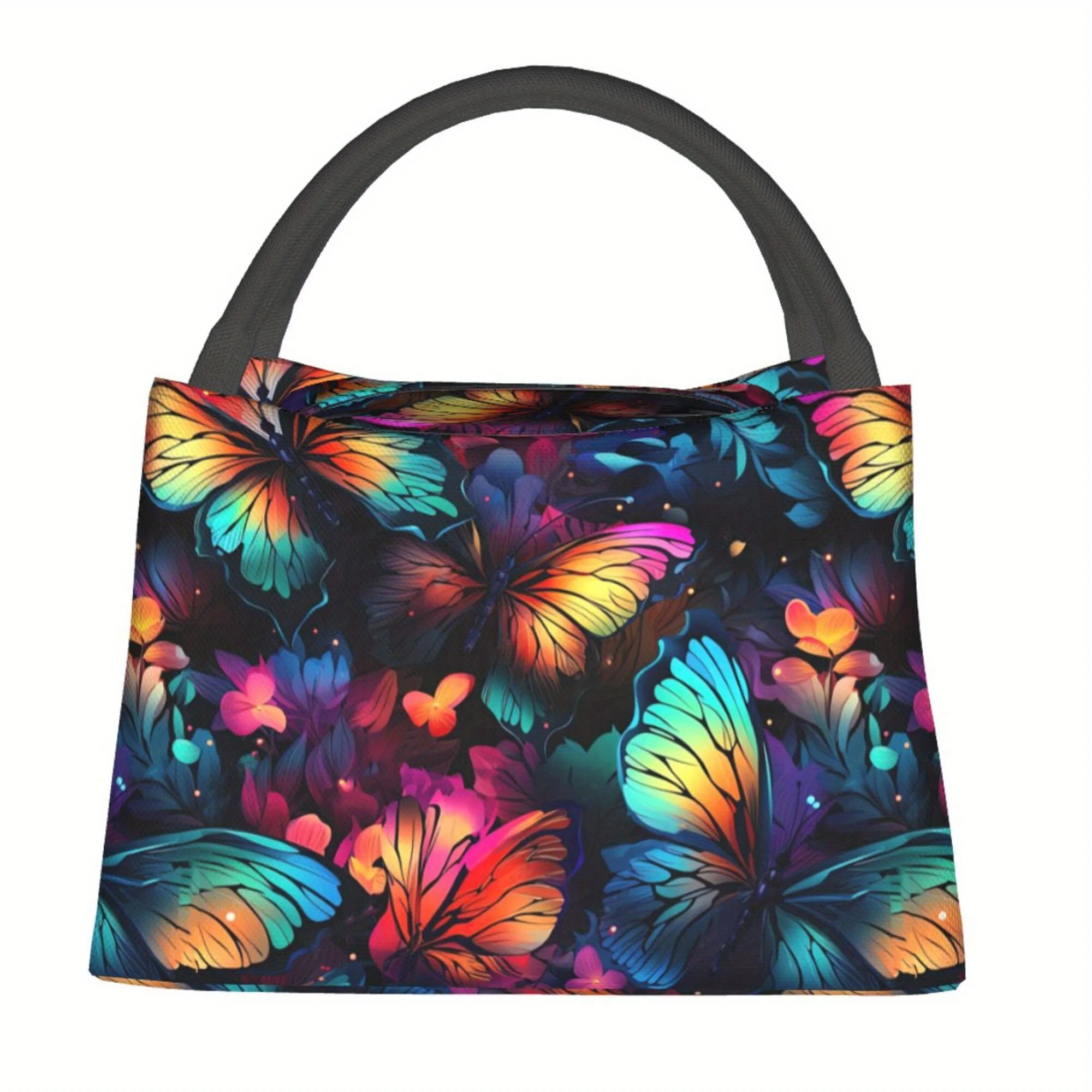Neon Butterfly Print Insulated Lunch Bag Durable Reusable Cooler Tote Bag for Outdoor Travel