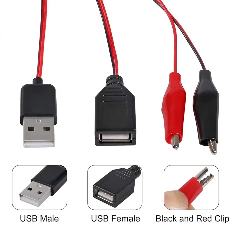 2 قطعة USB إلى التمساح كليب كابل محول ذكر أنثى USB إلى التمساح كليب التحقيق كابلات USB مع مشبك التمساح لاختبار الدائرة