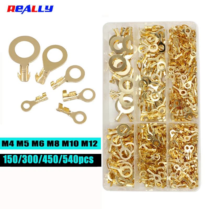 

150-540PCS M3 M4 M5 M6 M8 M10 Non-Insulated Copper Ring Lugs Terminals Assortment Kit for Auto Industrial Home EV Wiring High Co
