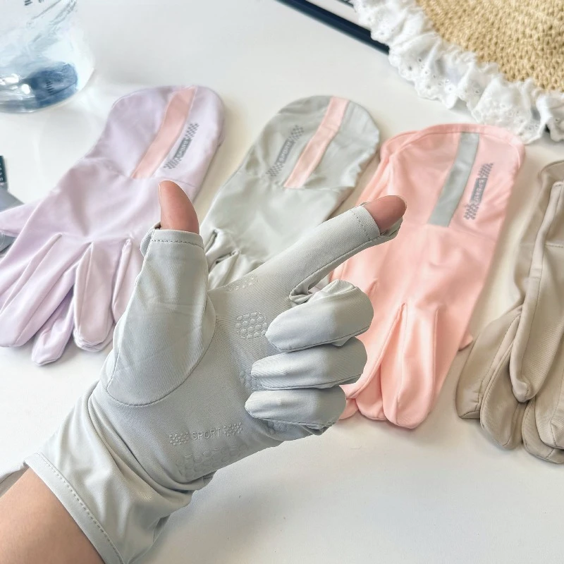 Ice Silk Sunscreen Gloves Women Summer Driving Outdoor UV Protection Two Finger Non Slip Touch Screen Breathable Riding Gloves