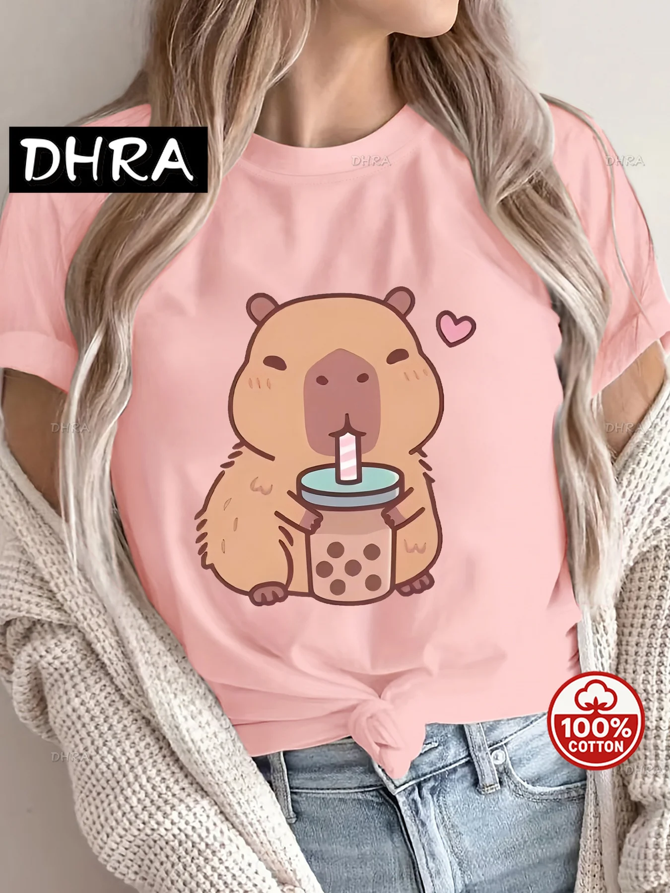 

Women's Cute Capybara Boba Tee - Casual Short Sleeve Round Neck Polyester Knit Machine Washable Capybara T Shirt