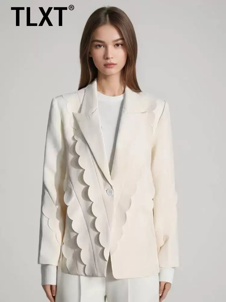 

TLXT Solid Spliced Folds Blazers For Women Notched Collar Long Sleeve Patchwork Single Breaste Minimalist Coat Female XK908
