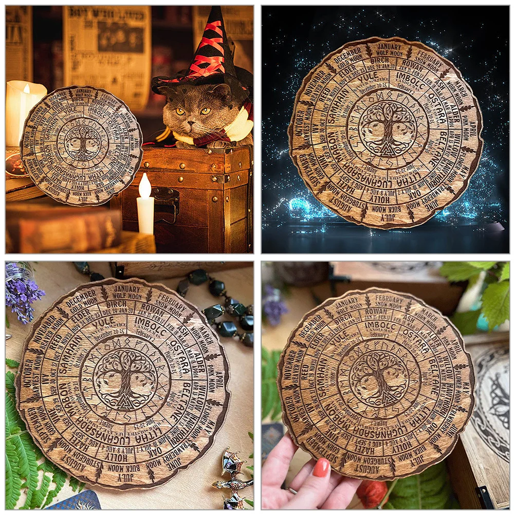 

Wooden Calendar Ornaments Vintage Decor Creative Round Office Desk Decorative Witch Tree Ring Decor Sign