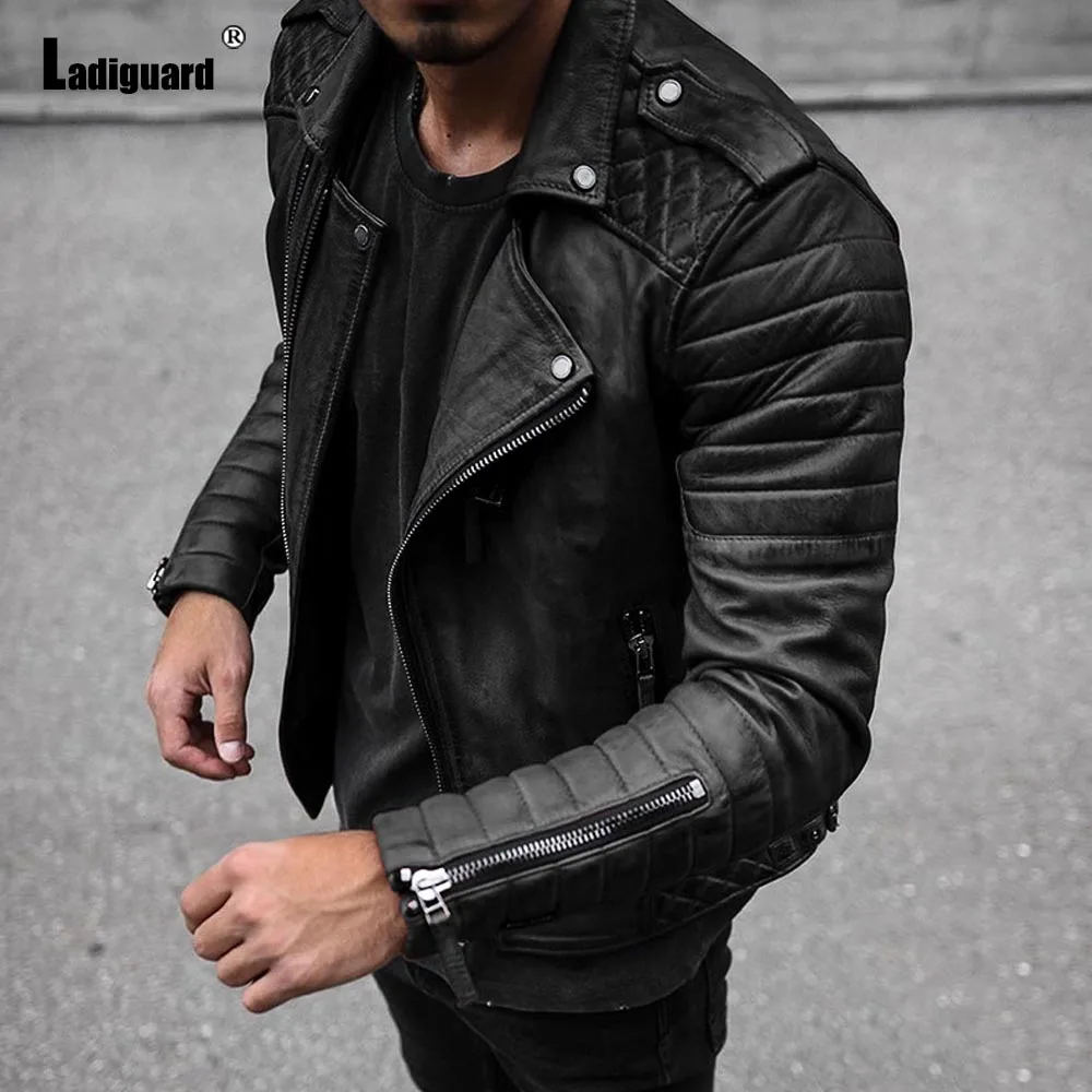 Ladiguard 2024 New Sexy Faux Pu Leather Jackets Mens Fashion Zip Up Coats Slim Biker Jacket Plus size Top Outerwear Men Clothing