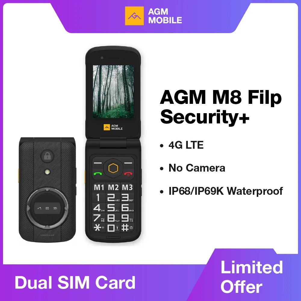 AGM-M8 Segurança Robusto Flip Phone, Sem Cam, Bluetooth, À Prova D 'Água, Botão SOS, Rádio FM, Limpar, QVGA,4G, 1500mAh Bateria, Senior Safe, 2.8 pol