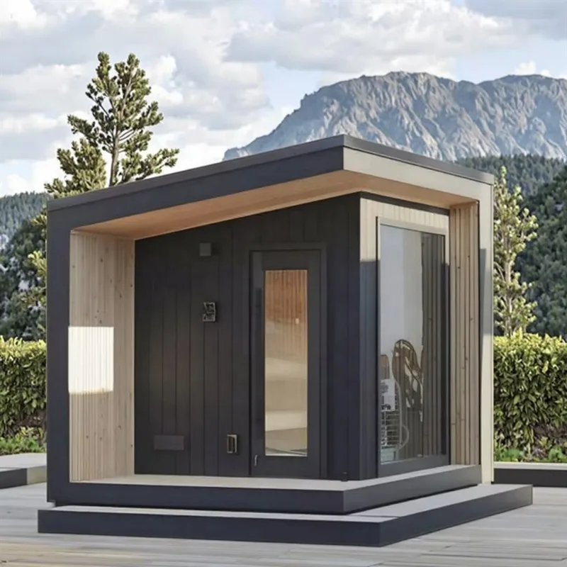 Compact Outdoor Wooden Smart Sauna Room, Equipped With Full-length Glass Doors And Stone Heaters