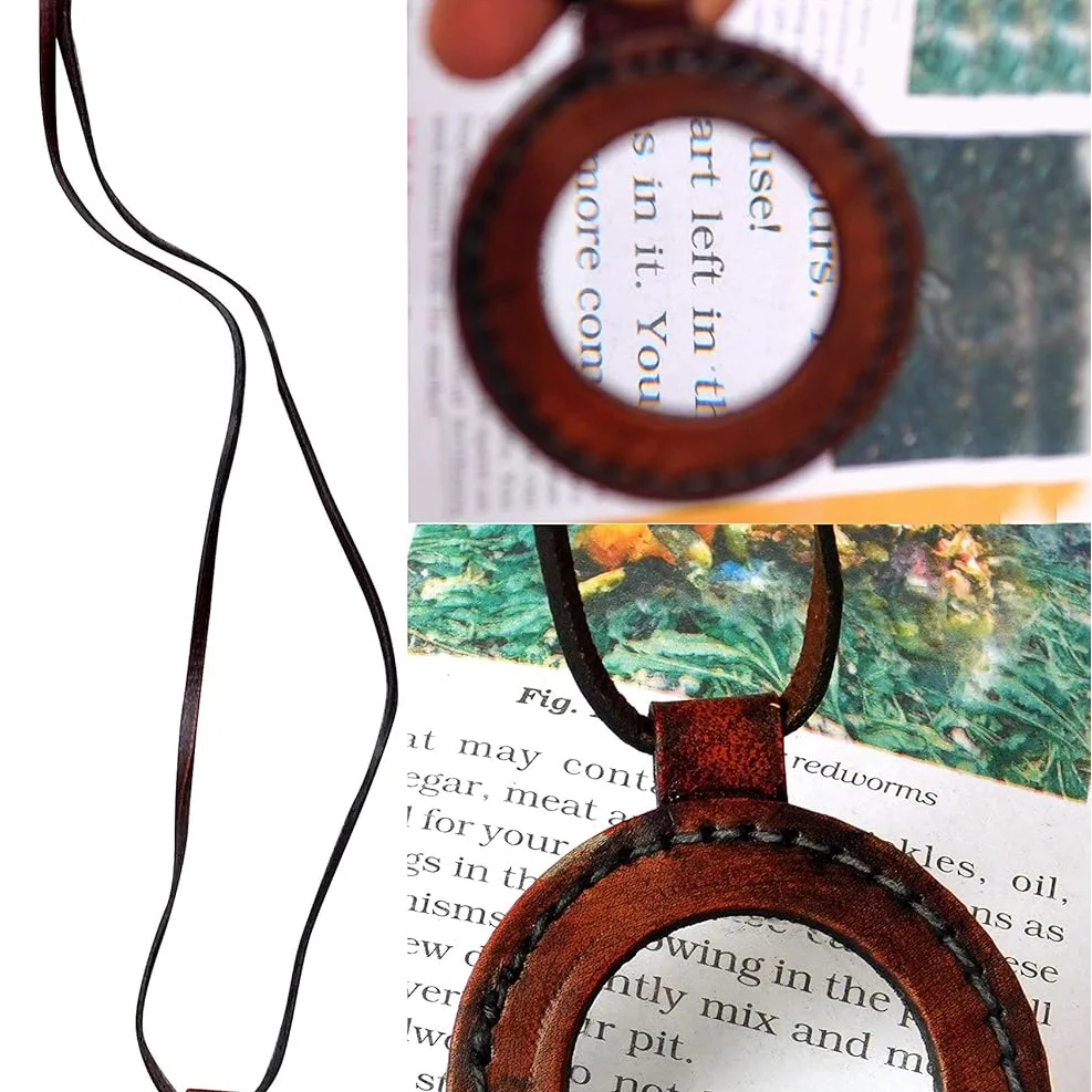 

Vintage Leather Strap Necklace Magnifying Glass Magnifier Pendant, Hangs Around Your Neck on A Leather Holder Neck Loop Rustic