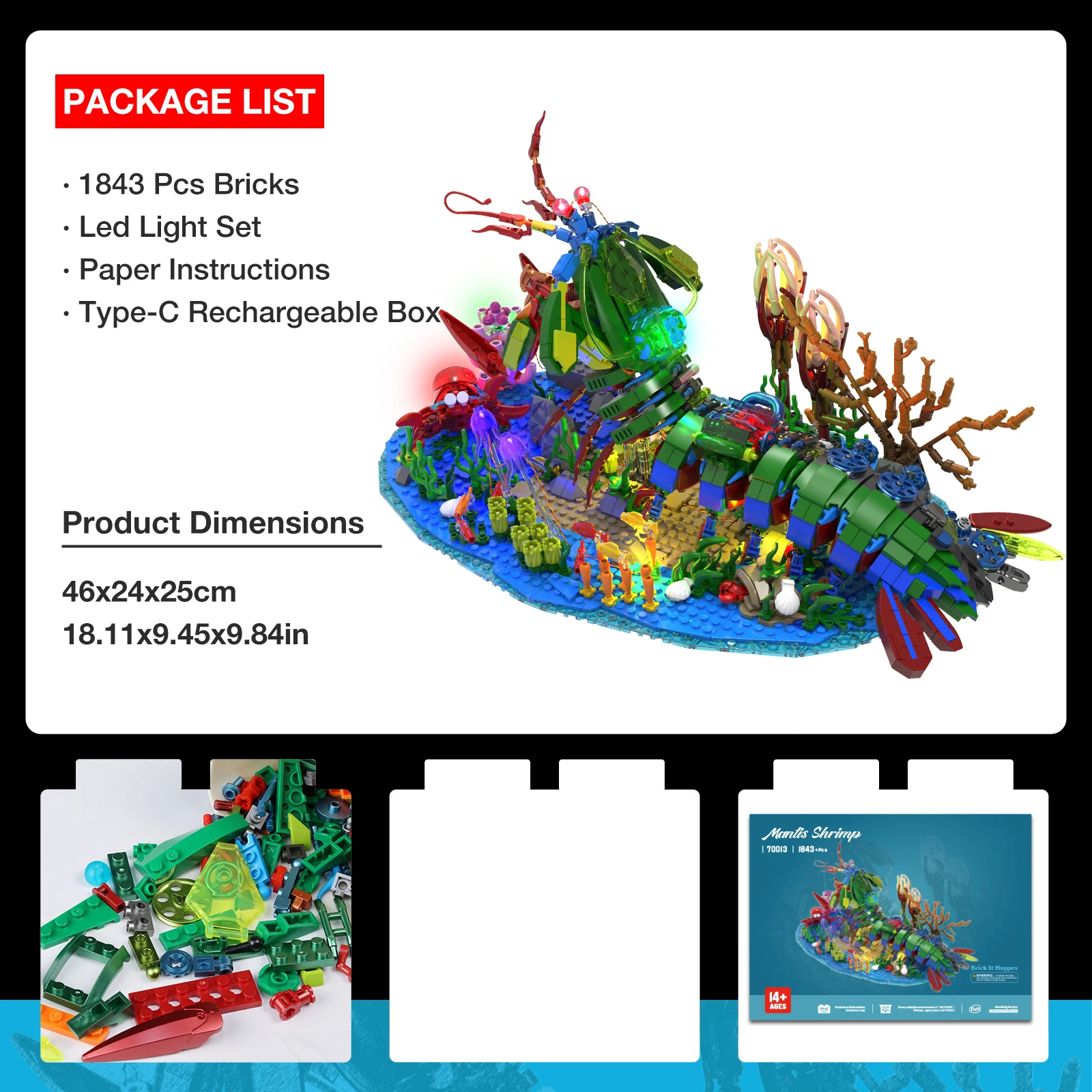 

Mantis shrimp with lights, creative home decoration, fish model, building blocks toys, educational toy, birthday gift.
