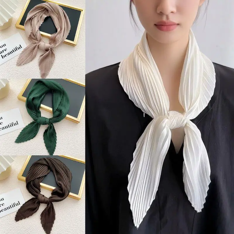 

70cm Silk Pleated Scarf Crinkled Hair Scarf Women Satin Neck Hair Tie Band Soft Neckerchife Office Hijab Headband Female Foulard